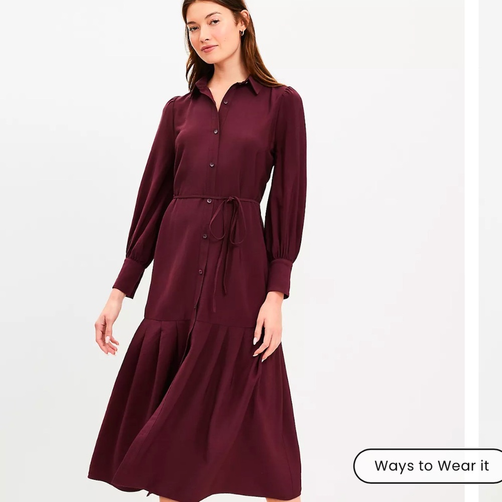 LOFT Petite Pleated Tie Waist Midi Shirtdress